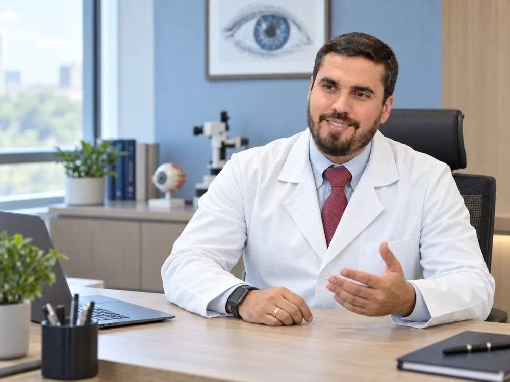 Dr. Henrique Nossa em uma cena de conversa no consultório